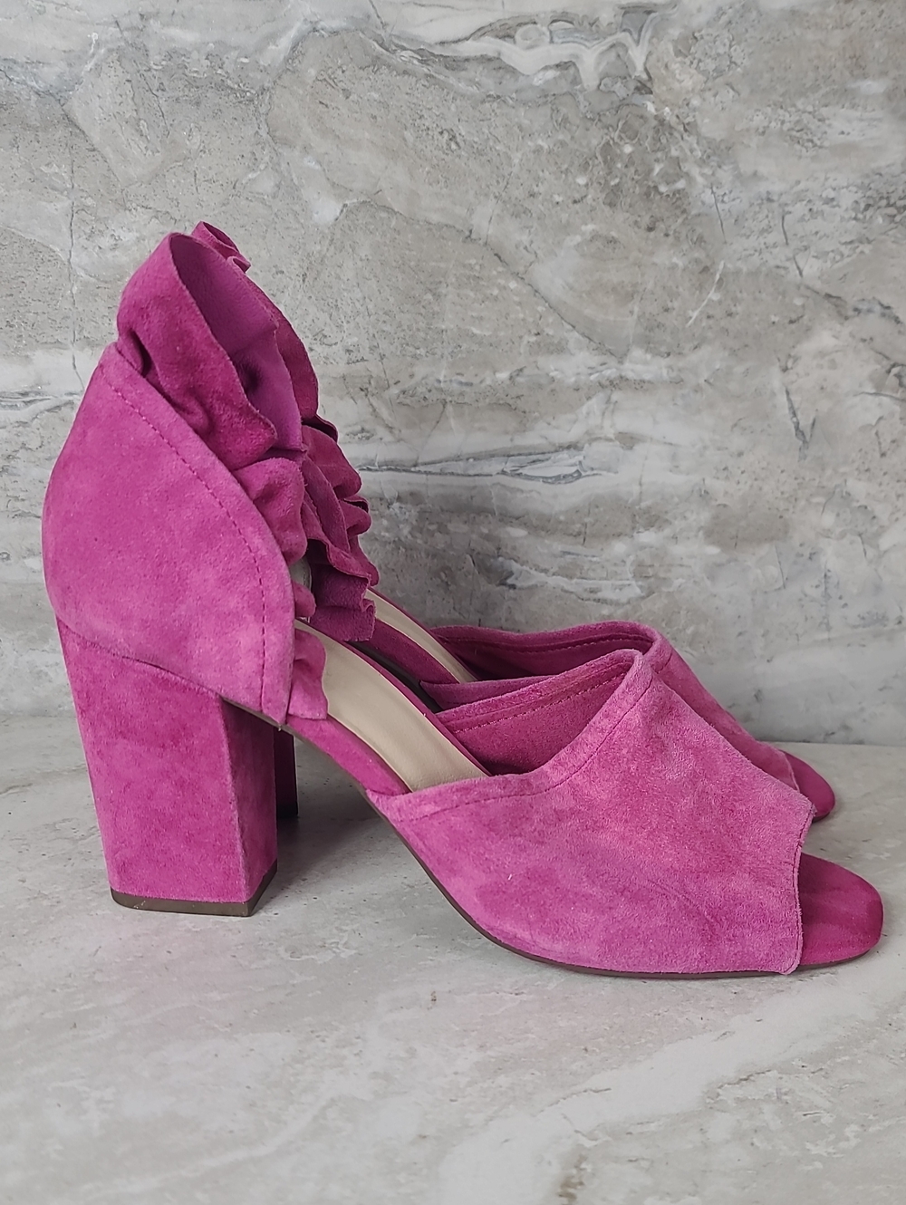 Seychelles TROPICAL Liendo Pink Suede Open-Toe Ruffle Block Heel Sandals 10 - Picture 3 of 13